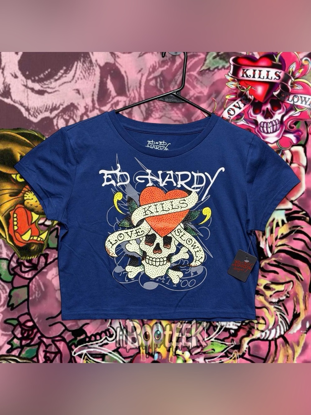 Ed Hardy XL Sapphire Blue Rhinestone Love Kills Slowly Skull Crop Top NwT Y2K